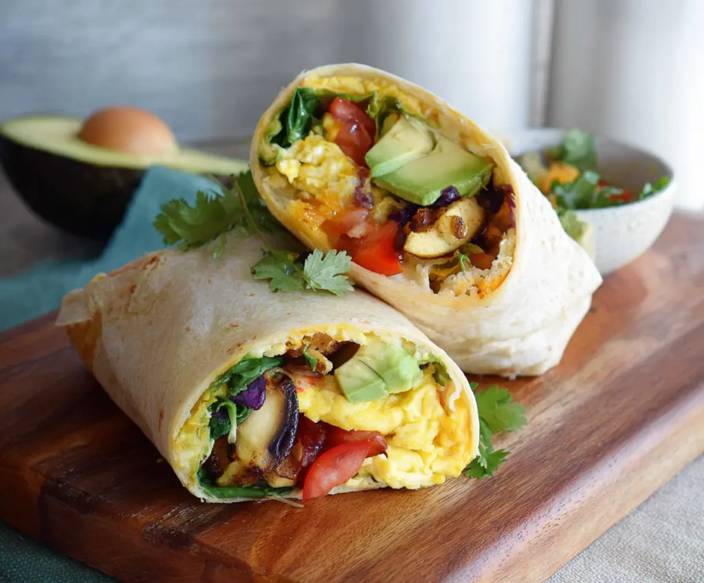 Healthy breakfast burrito filled with eggs, vegetables, and lean proteins for a nutritious start to your day.