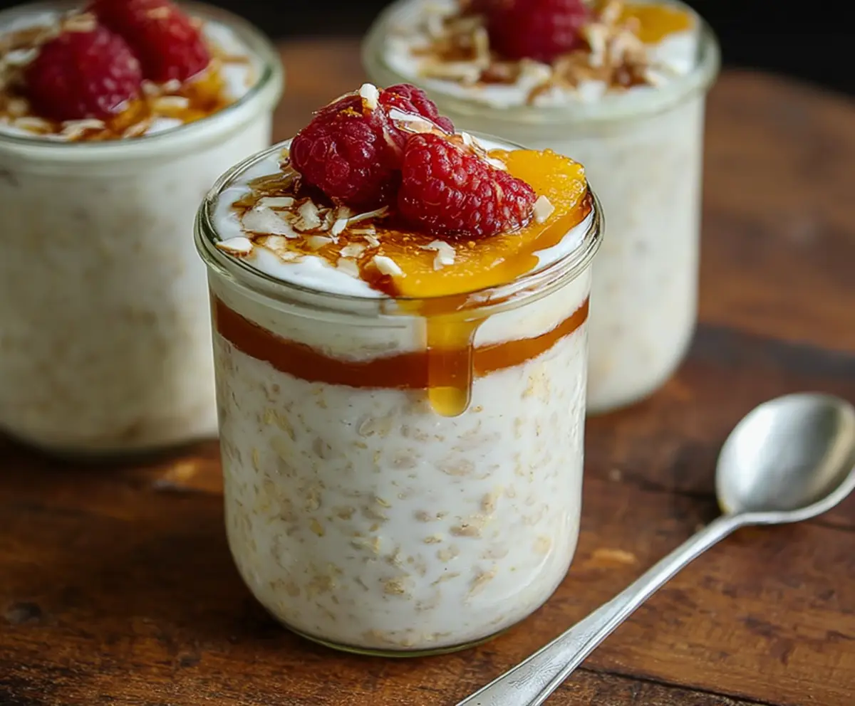 Creamy honey vanilla overnight oats in a glass jar with fresh fruit topping