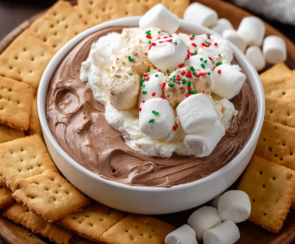 Delicious hot cocoa dip served with marshmallows and pretzels for a sweet snack.