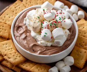 Delicious hot cocoa dip served with marshmallows and pretzels for a sweet snack.