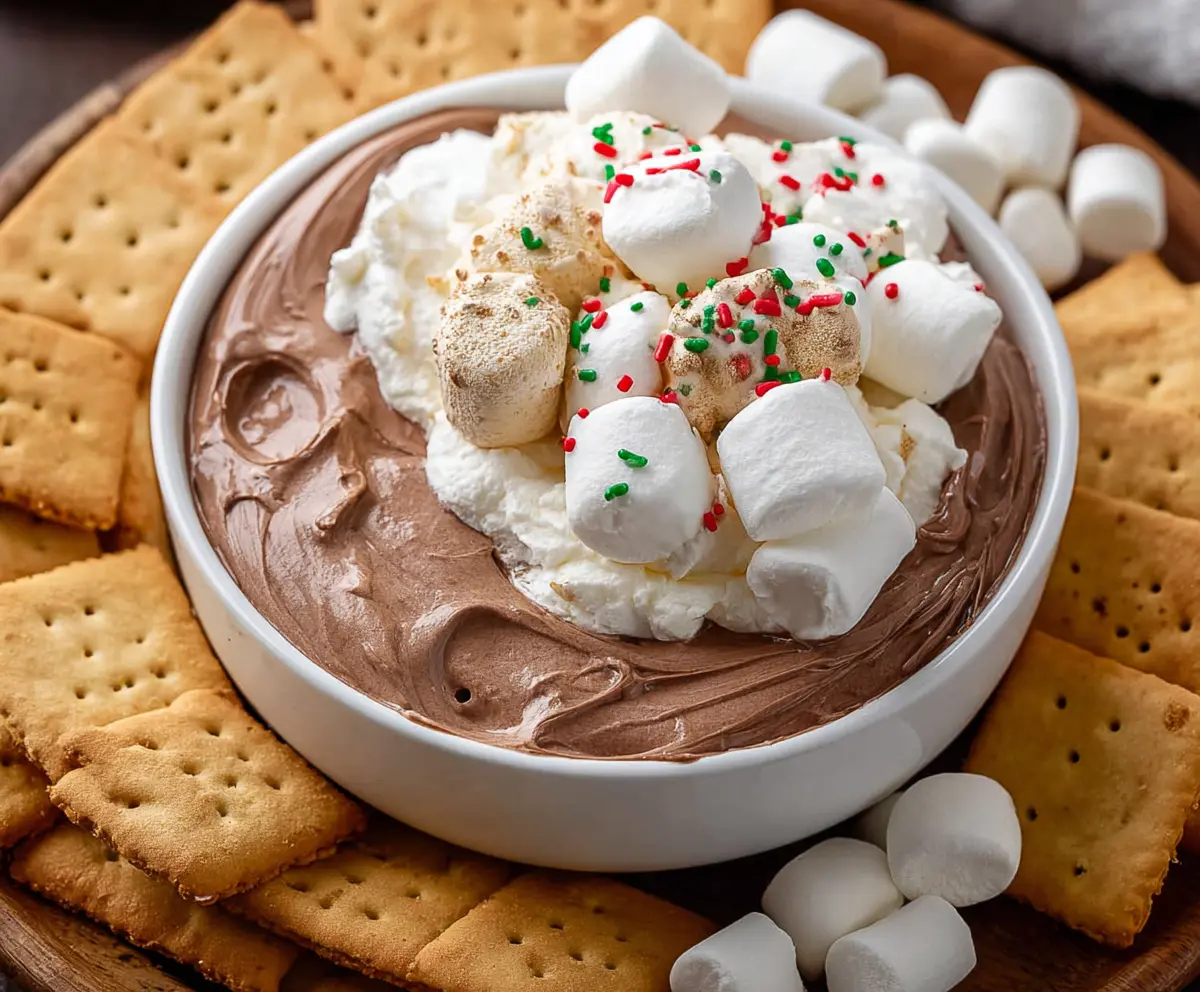 Delicious hot cocoa dip served with marshmallows and pretzels for a sweet snack.