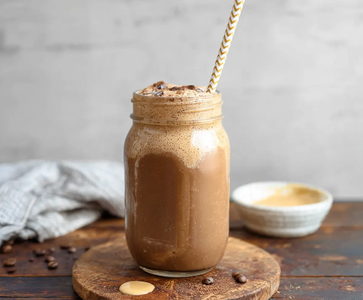 Refreshing Iced Coffee Protein Shake in a clear glass with ice cubes and a straw, perfect for a quick protein boost.