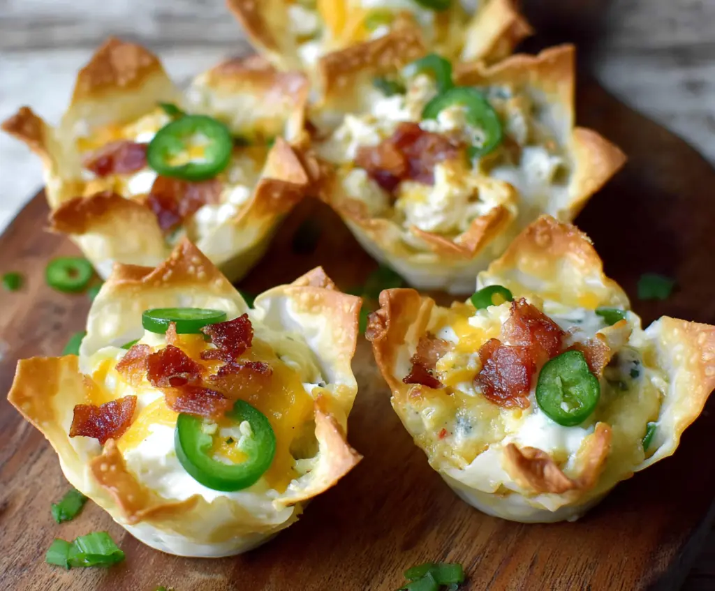 Delicious Jalapeno Popper Wonton Cups filled with creamy cheese and spicy jalapenos, perfect for appetizers.