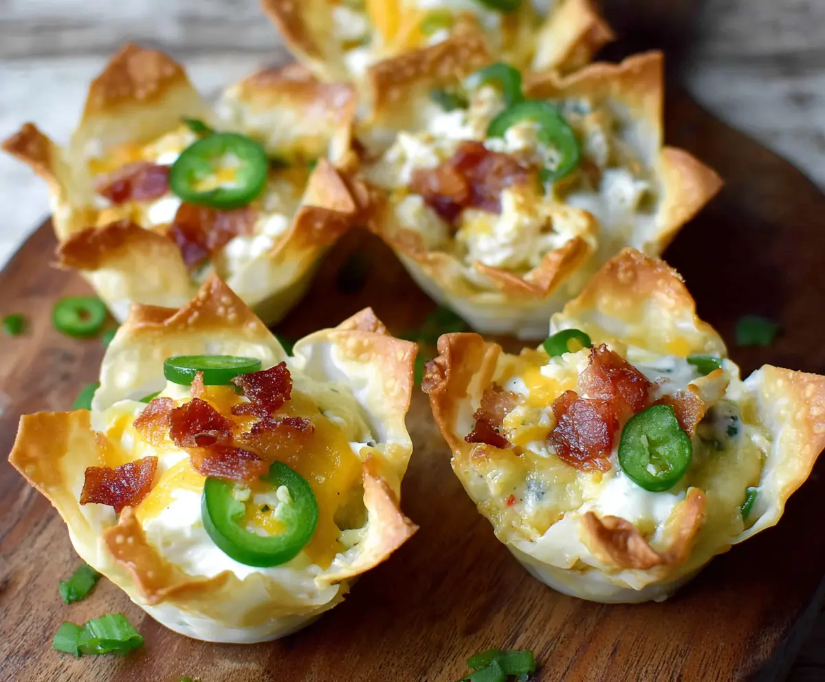 Delicious Jalapeno Popper Wonton Cups filled with creamy cheese and spicy jalapenos, perfect for appetizers.