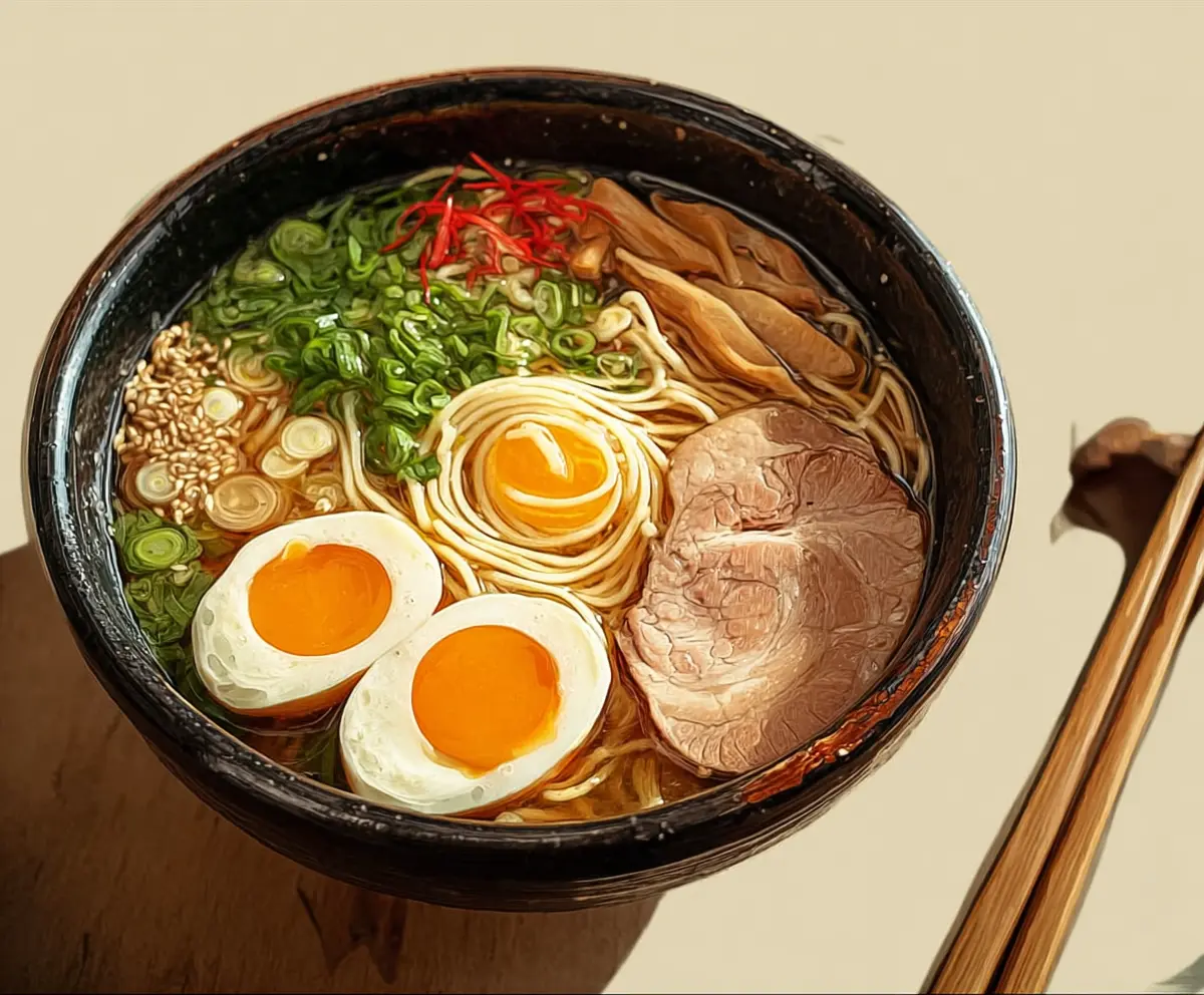 Delicious steaming bowl of Japanese ramen noodles with toppings of sliced pork, boiled eggs, and green onions.