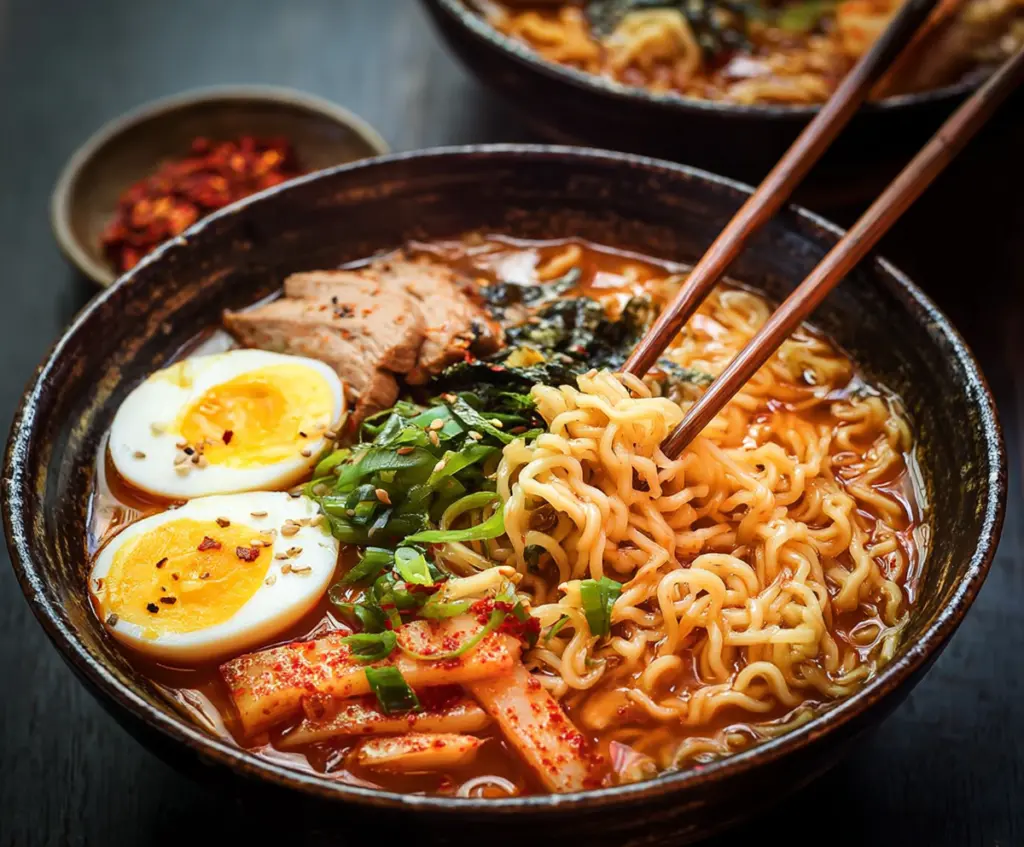 Delicious Korean ramen noodles served in a bowl with vegetables and flavorful broth.