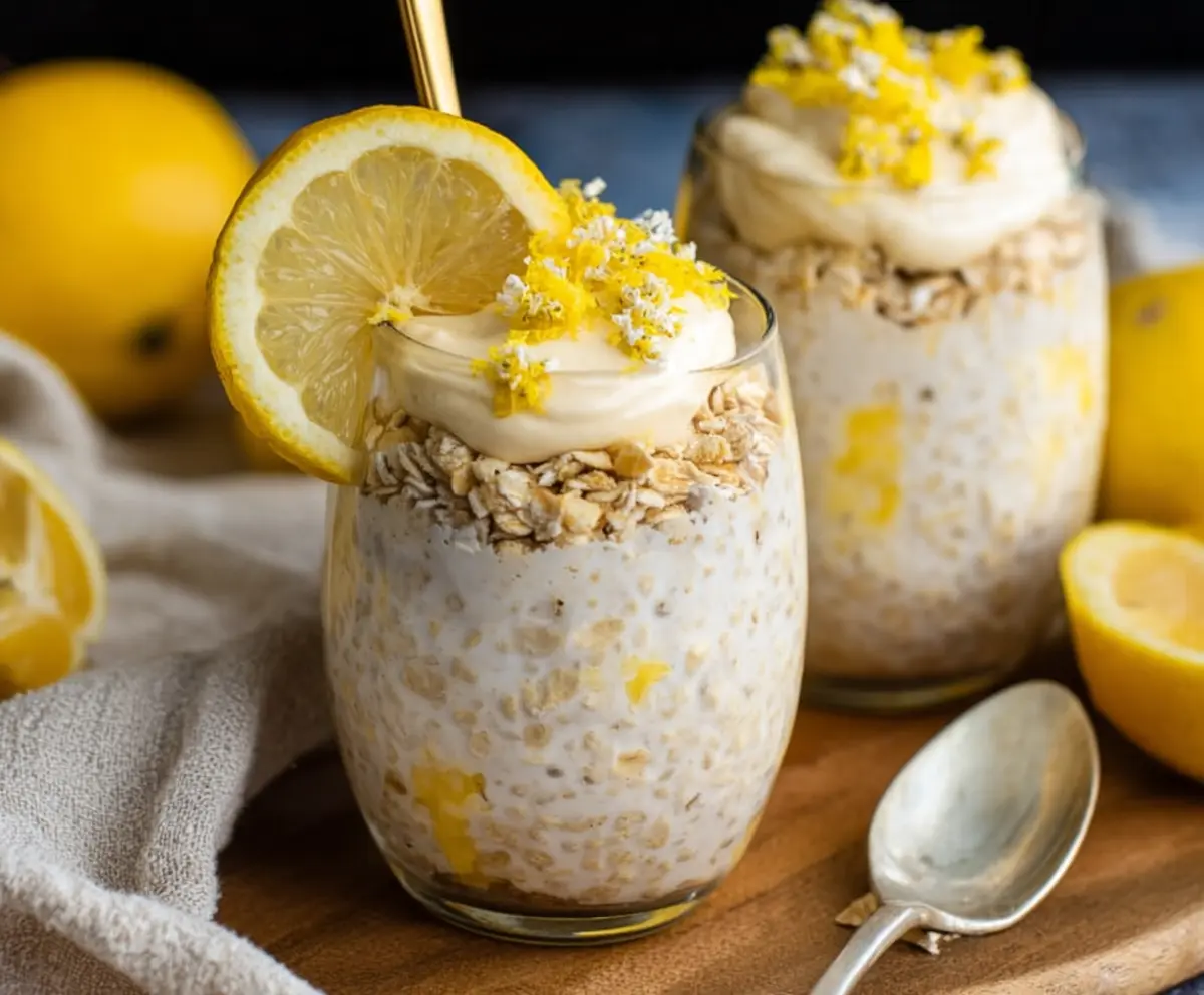 Creamy Lemon Cheesecake Overnight Oats in a glass jar with lemon slices and fresh berries for a refreshing breakfast.