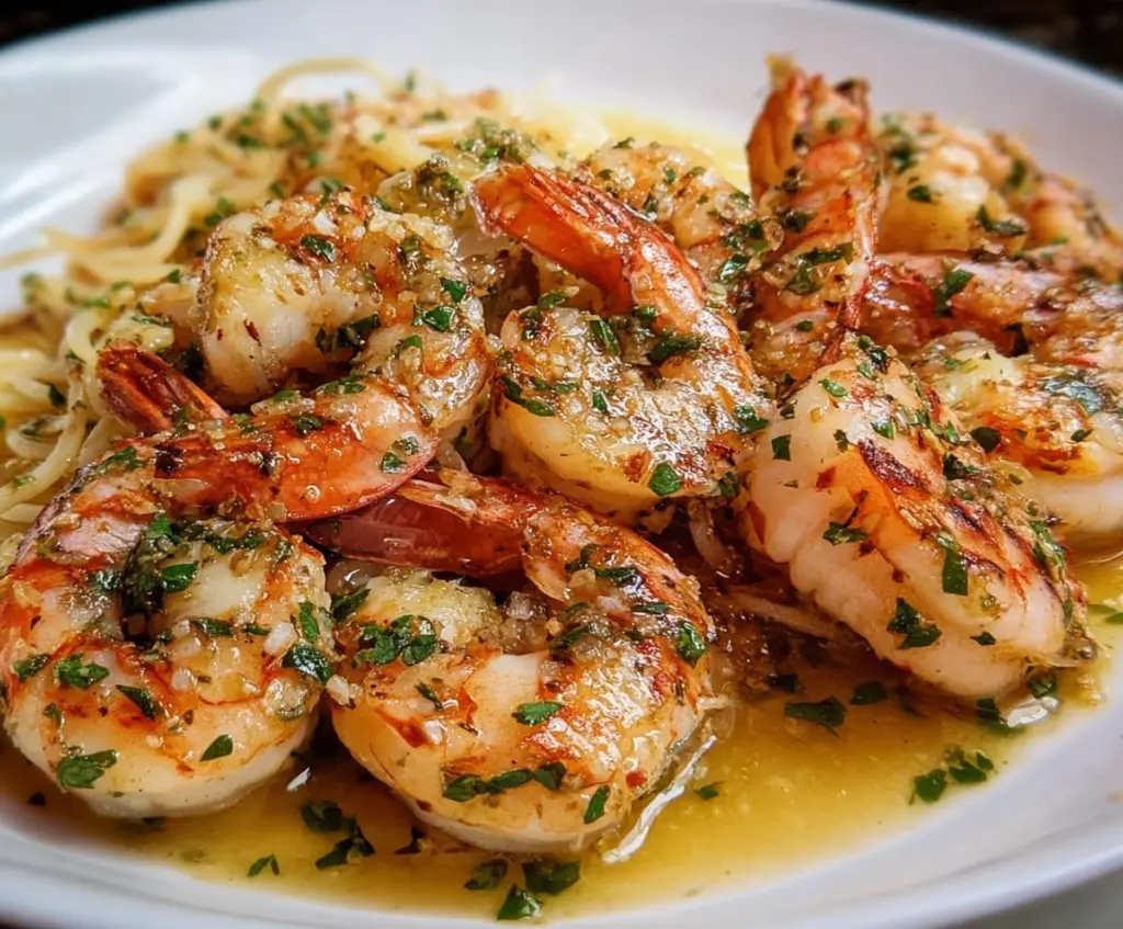 Delicious Lobster Shrimp Scampi served on a white plate with lemon wedges and fresh herbs.