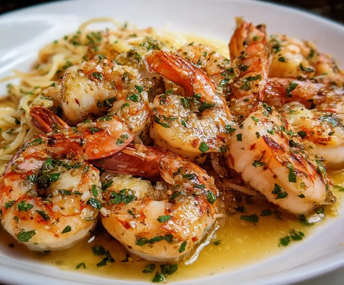 Delicious Lobster Shrimp Scampi served on a white plate with lemon wedges and fresh herbs.