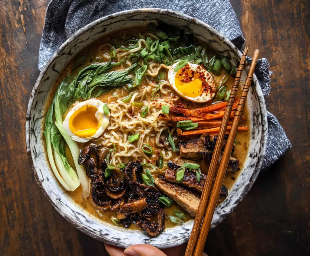 Delicious bowl of Miso Ramen Noodles with rich broth, soft boiled eggs, and fresh green onions.
