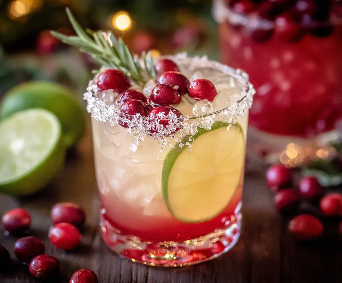 Refreshing Mistletoe Margarita garnished with fresh mistletoe and lime slices