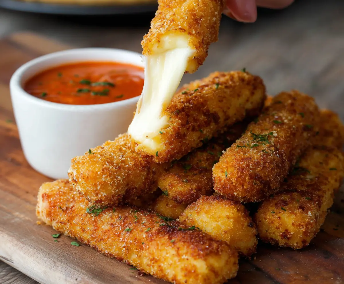 Crispy mozzarella sticks with melted cheese served with dipping sauce
