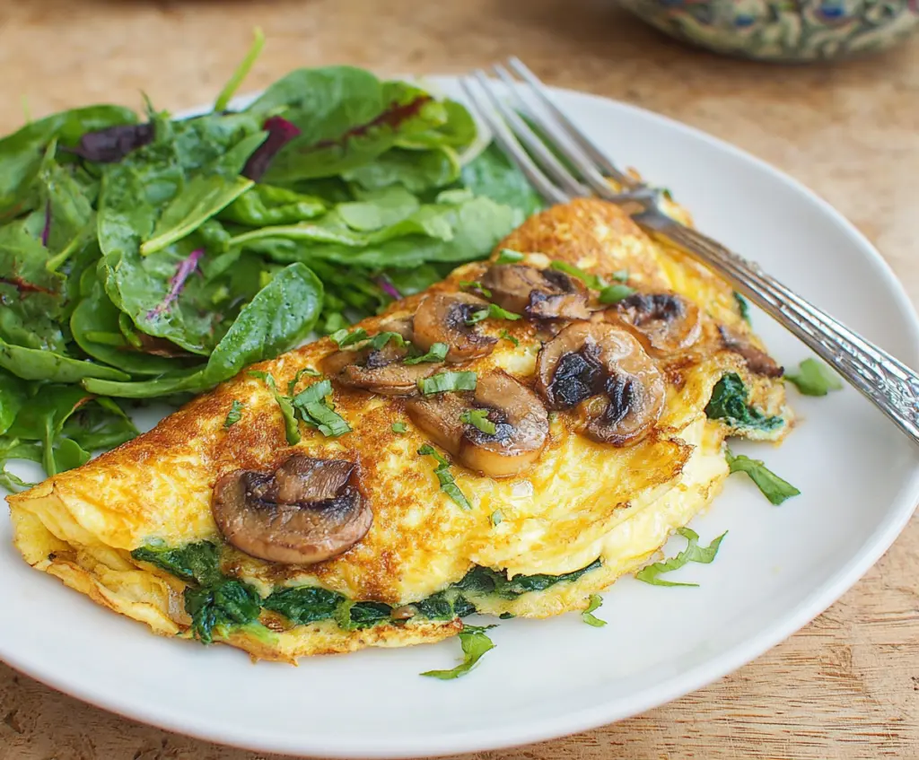 Delicious mushroom and spinach omelet served on a plate for a healthy breakfast