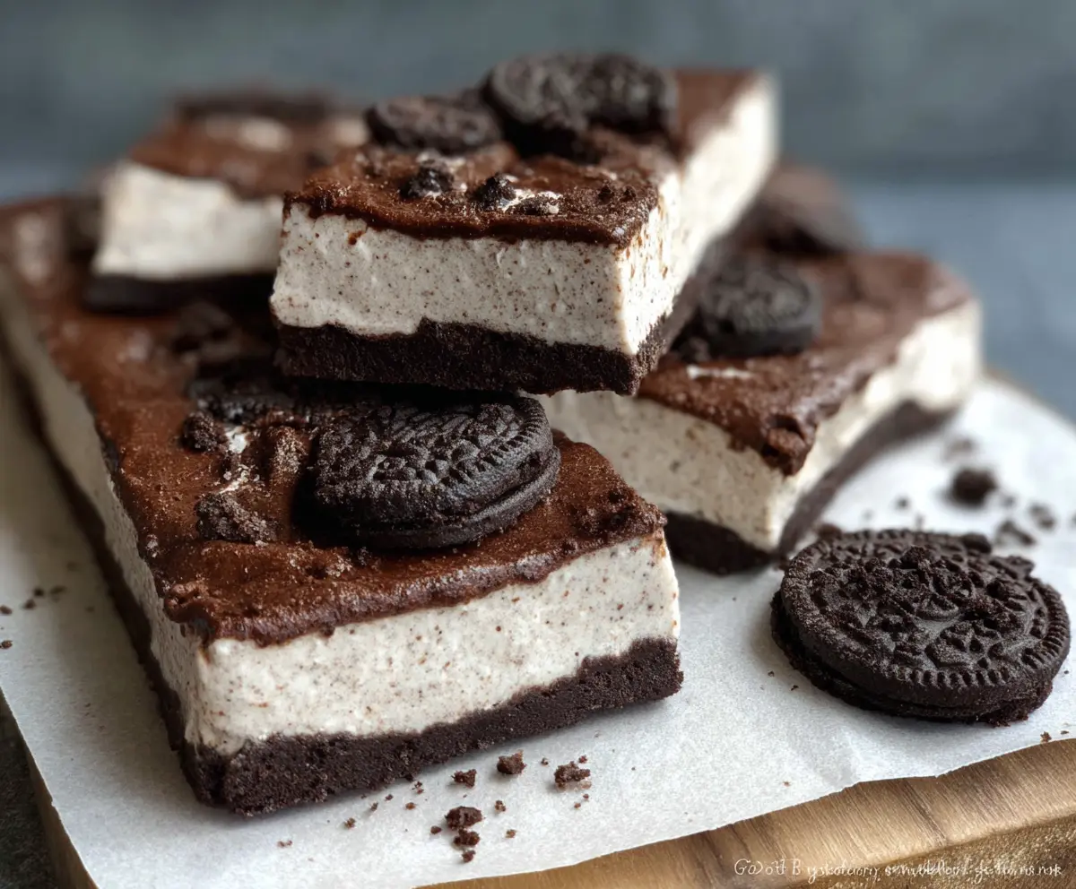 No Bake Oreo Protein Bars on a plate, showcasing a delicious healthy snack option.
