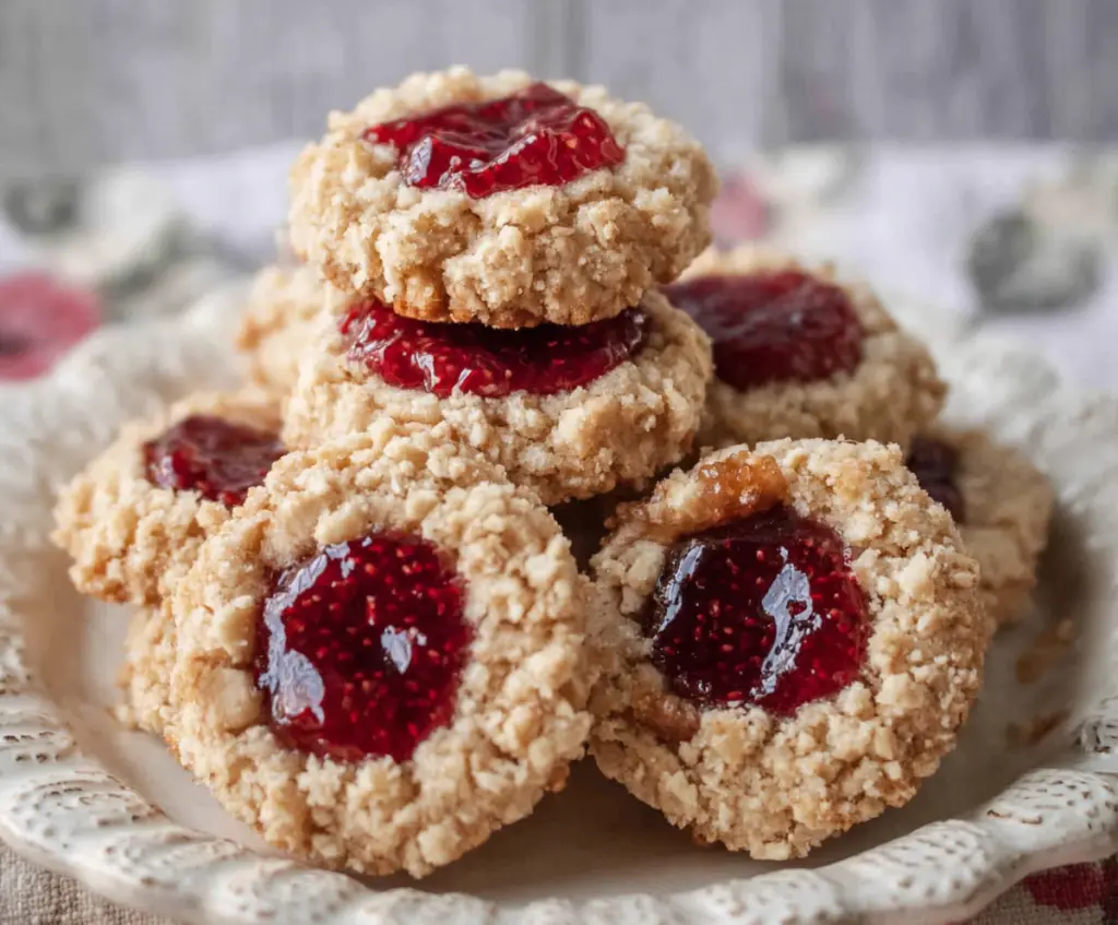 Delicious oatmeal raspberry jam thumbprint cookies on a plate, showcasing golden-brown edges and vibrant raspberry filling.