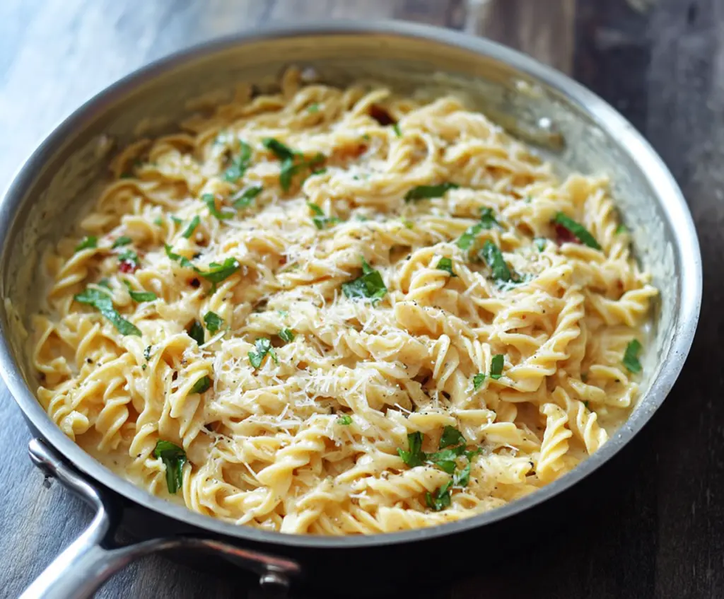 Delicious one pan garlic Parmesan pasta served in a skillet with fresh herbs and grated cheese