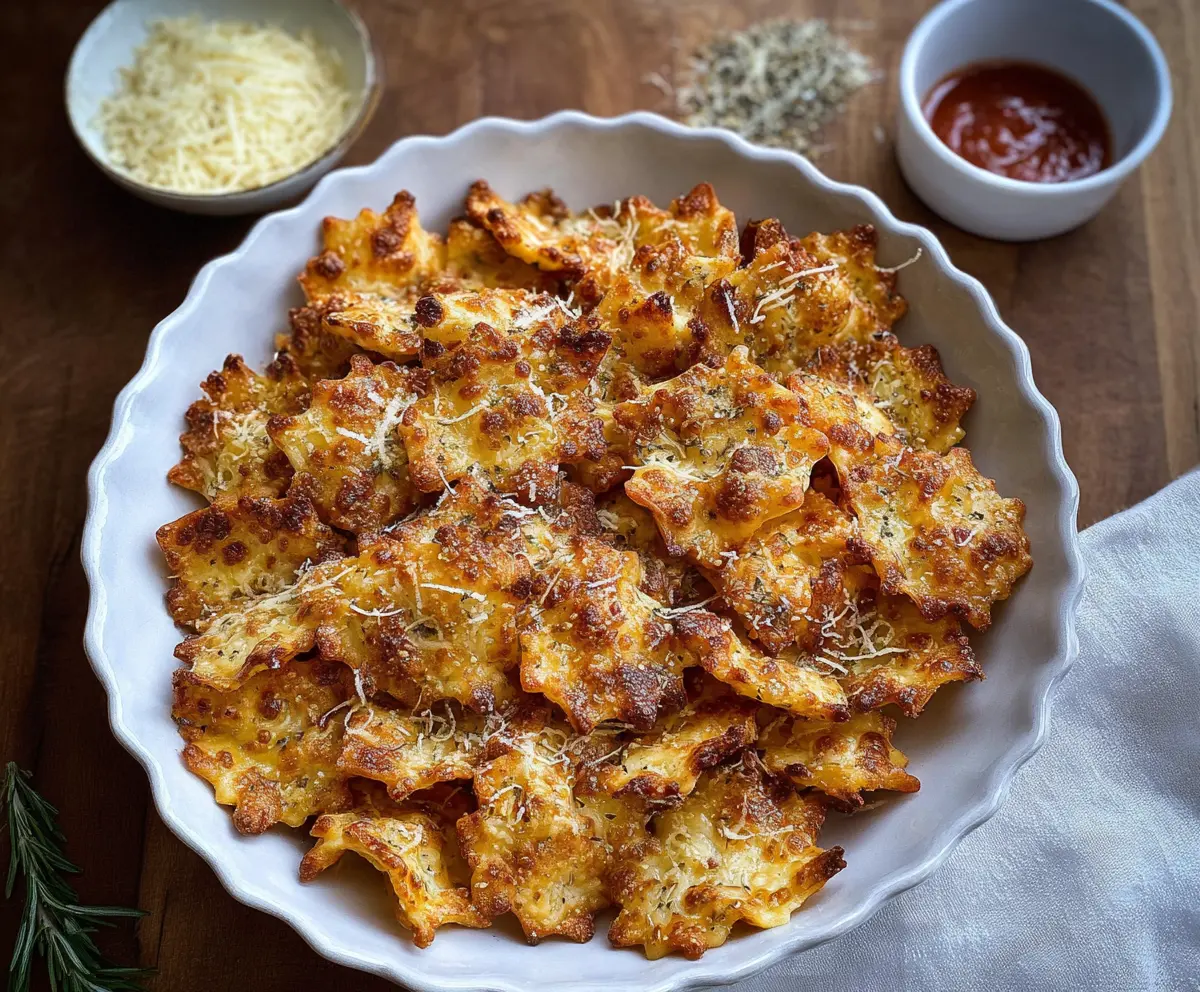 Golden oven-baked cheesy pasta chips served on a plate, perfect as a tasty snack or appetizer.