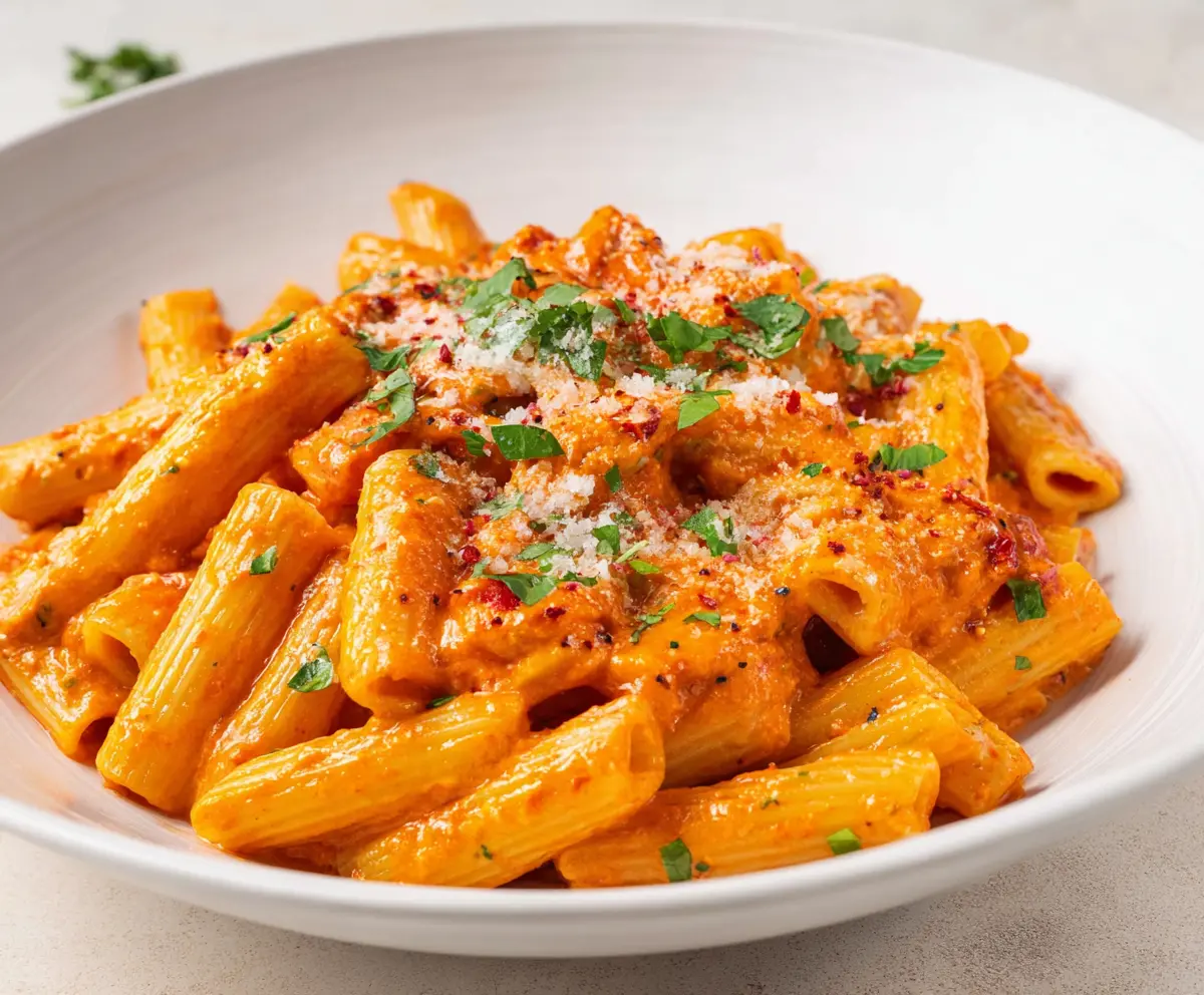 Creamy Pasta Alla Vodka with a rich tomato and vodka sauce, garnished with fresh basil.