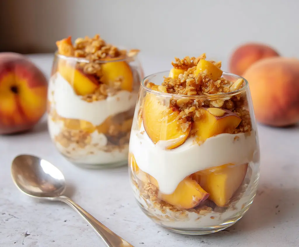 Fresh Peach Yogurt Parfait with Granola and Honey in a Clear Glass Bowl