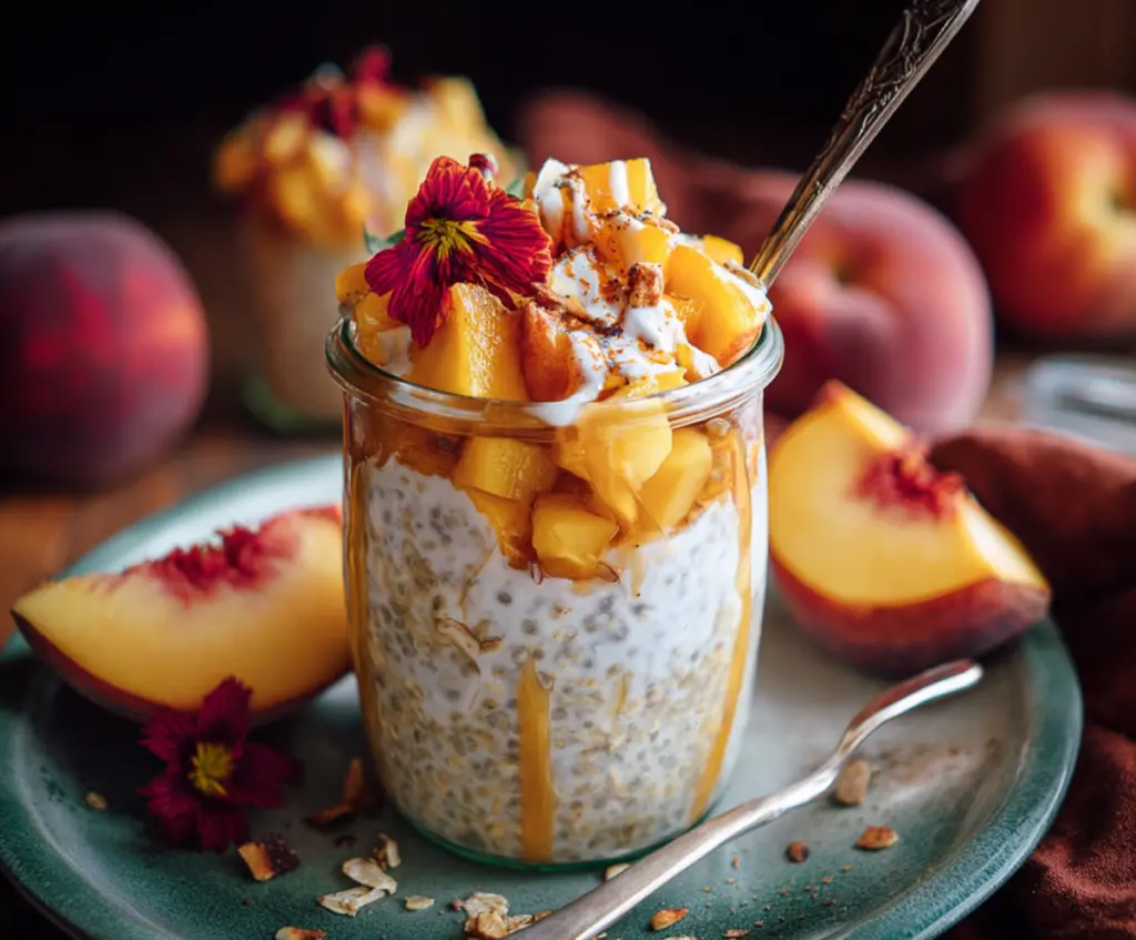 Delicious peaches and cream overnight oats in a glass jar, topped with fresh peach slices and a drizzle of cream.