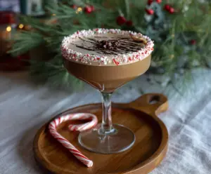 Delicious Peppermint Mocha Martini with chocolate and peppermint garnishes