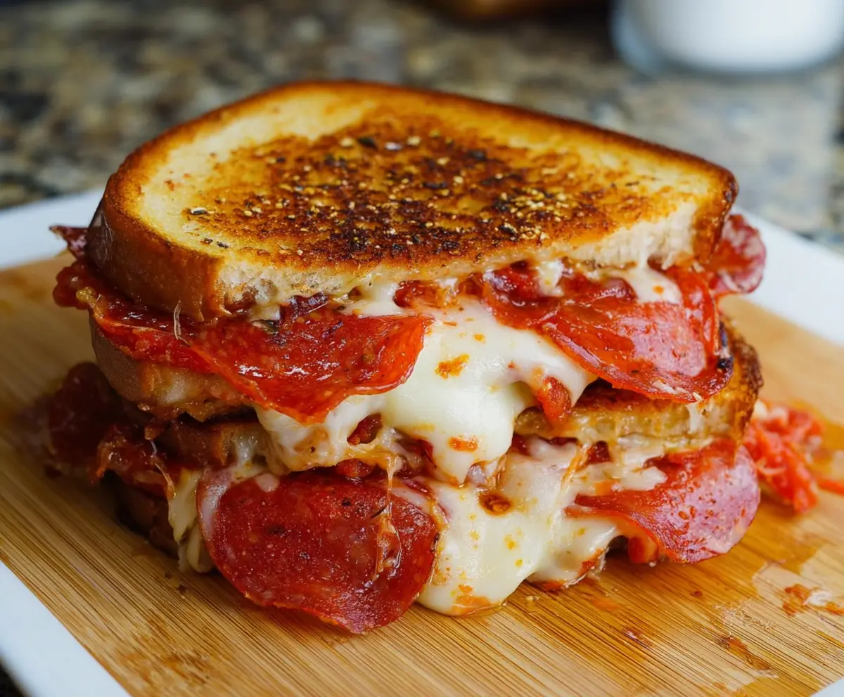 Delicious pepperoni pizza grilled cheese sandwich with melted cheese and crispy bread.