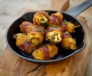 Delicious pickled jalapeño poppers filled with cream cheese on a rustic plate