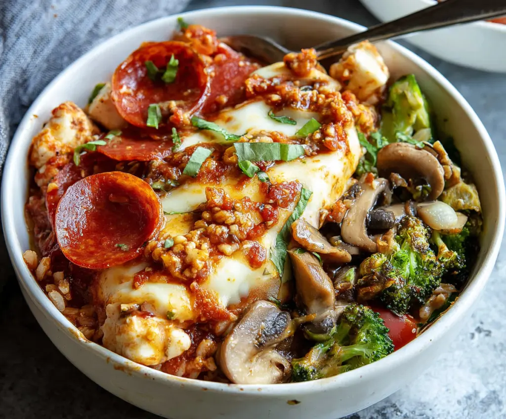 Delicious Pizza Protein Bowl with fresh ingredients and melted cheese, perfect for a healthy meal.