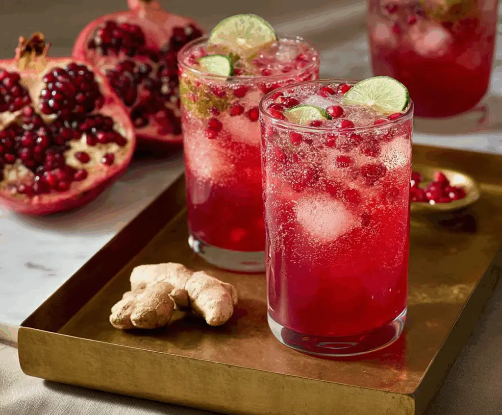 Refreshing Pomegranate Ginger Fizz cocktail garnished with fresh pomegranate seeds and ginger slices.