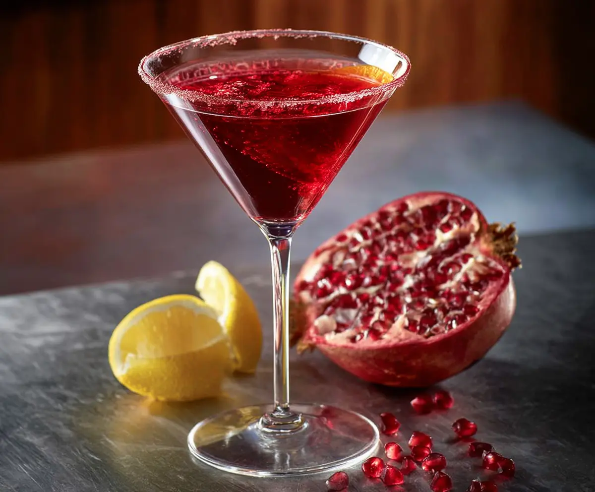 Elegant Pomegranate Martini cocktail with garnished pomegranate seeds and a salted rim.