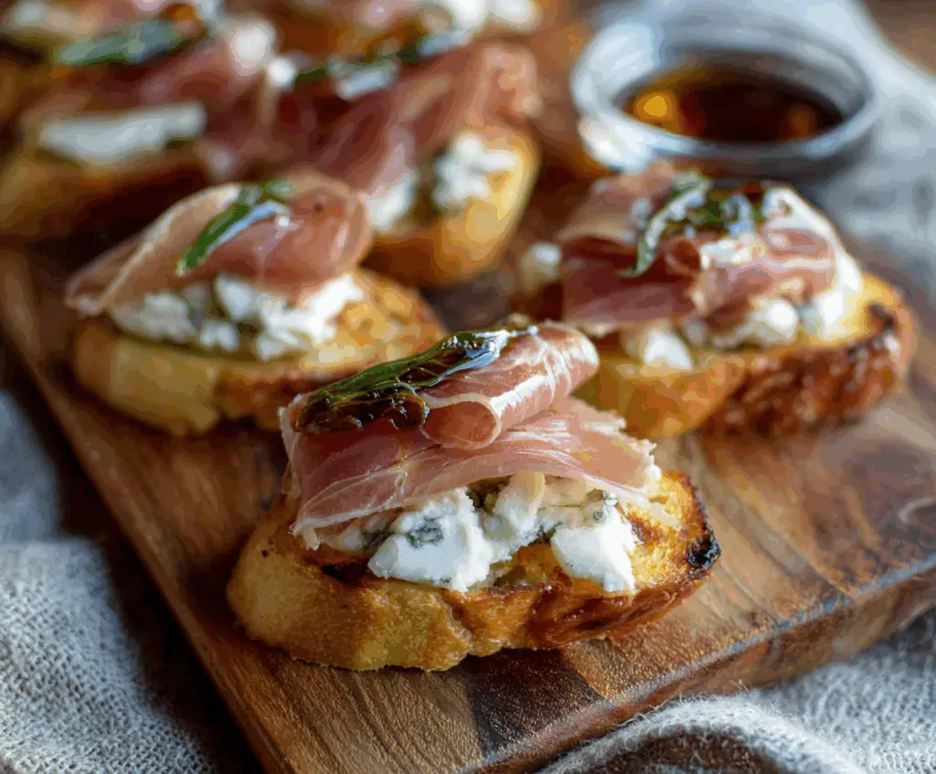 Delicious Prosciutto Pear Gorgonzola Crostini served on a rustic platter with fresh ingredients.