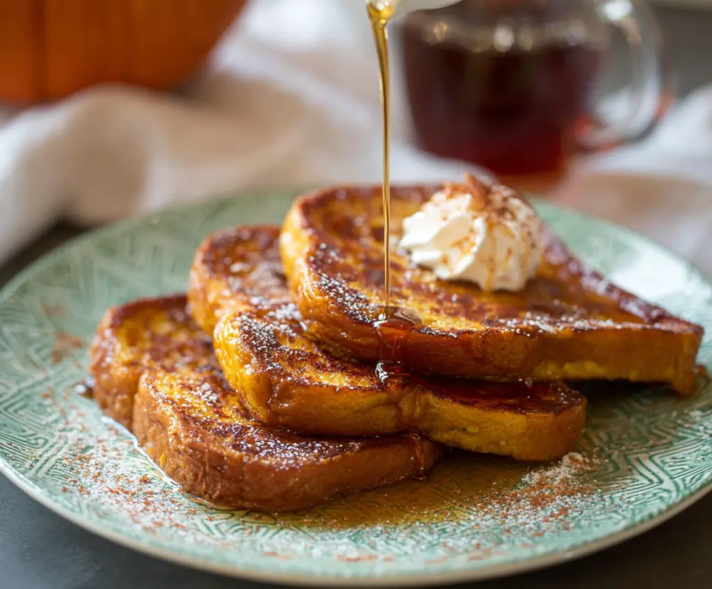 Delicious pumpkin French toast topped with maple syrup and whipped cream, perfect for breakfast.