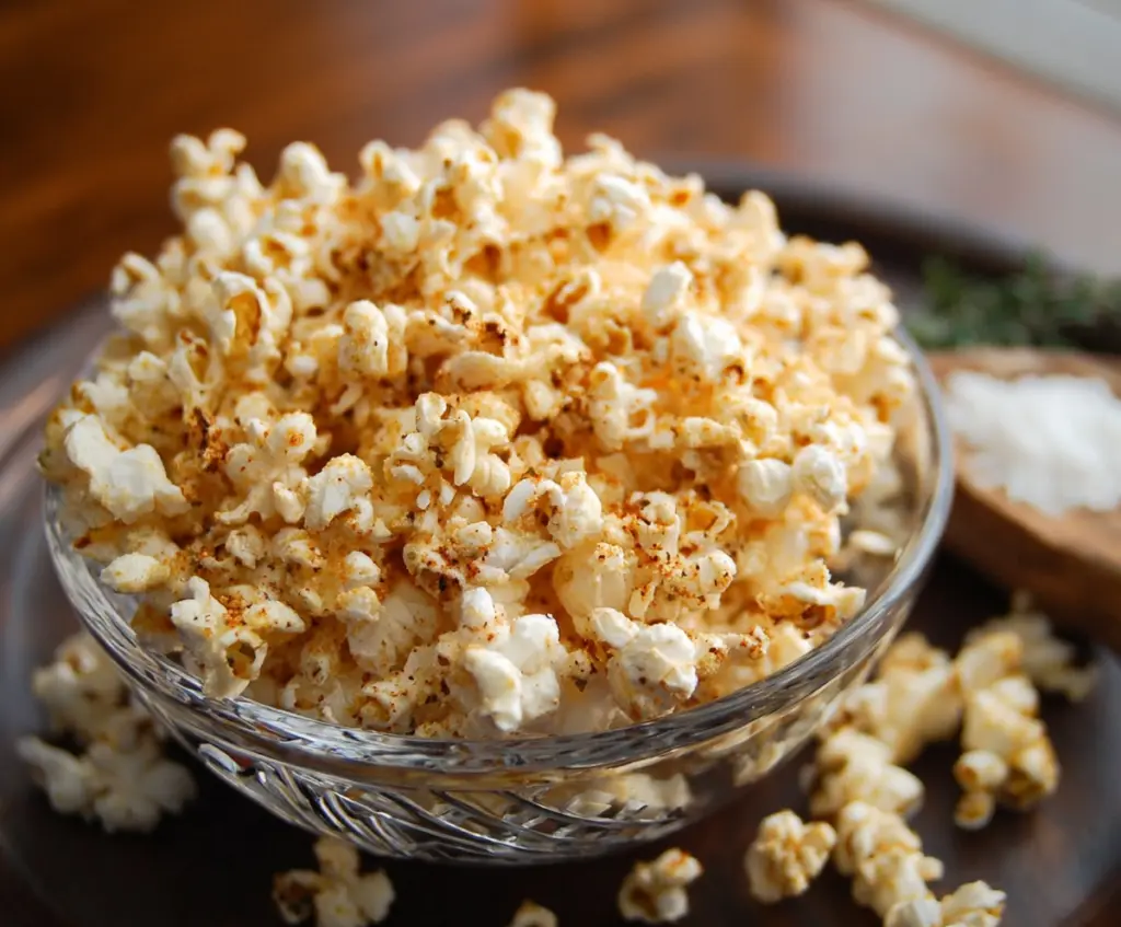 Delicious roasted garlic Parmesan popcorn in a bowl, perfect for snacking
