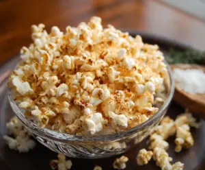 Delicious roasted garlic Parmesan popcorn in a bowl, perfect for snacking