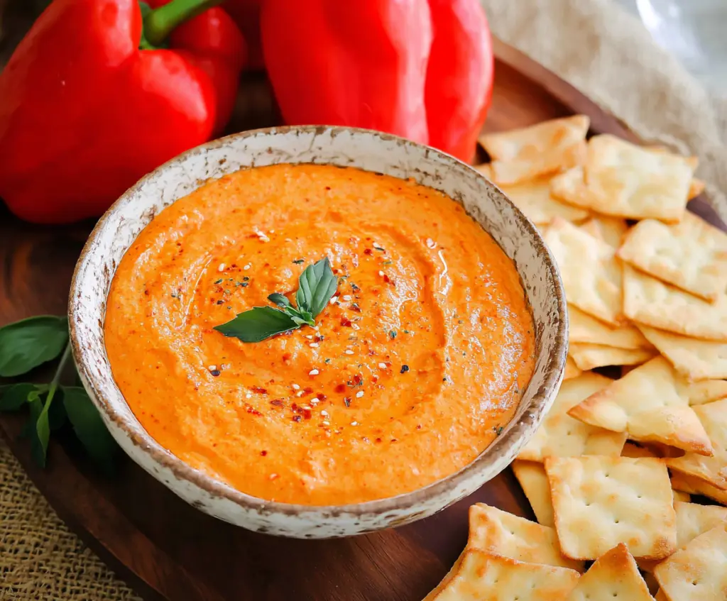 Delicious roasted red pepper dip served with crunchy pita chips, perfect for snacking or entertaining.