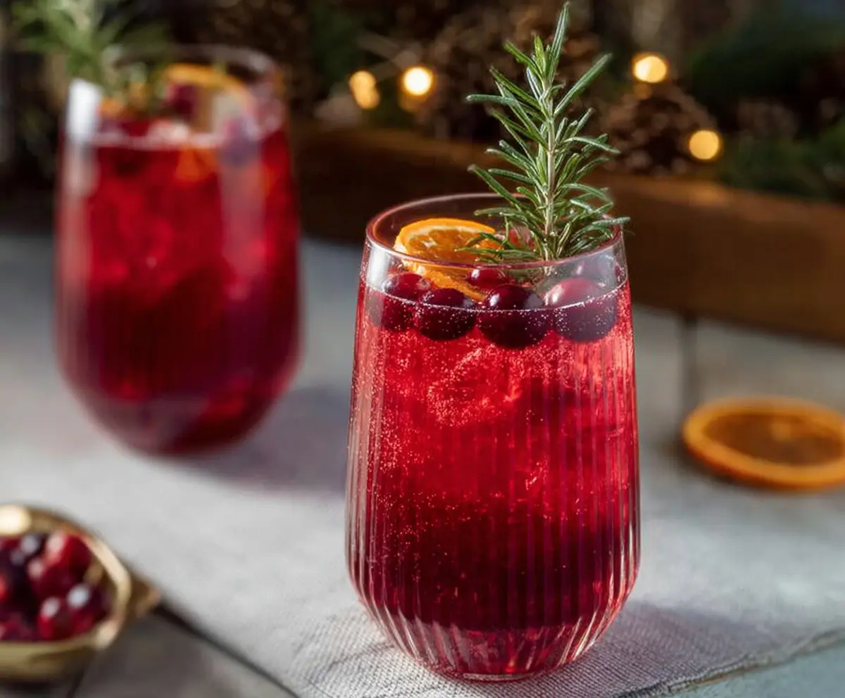 Festive Santa Spritz Cocktail decorated with red and white garnishes for the holiday party
