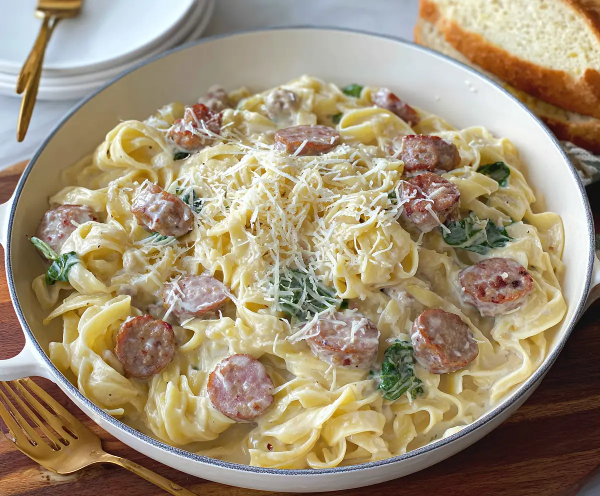 Creamy sausage Alfredo pasta served with herbs in a white bowl