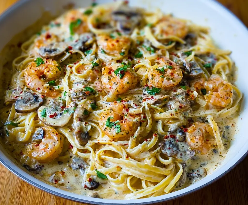 Creamy Shrimp Alfredo Pasta with Mushrooms served on a white plate