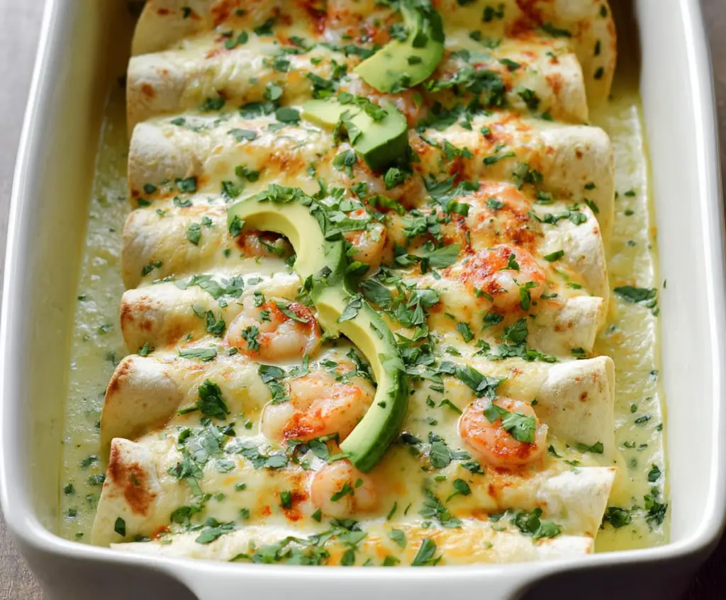 Delicious shrimp enchiladas topped with creamy poblano sauce on a colorful plate