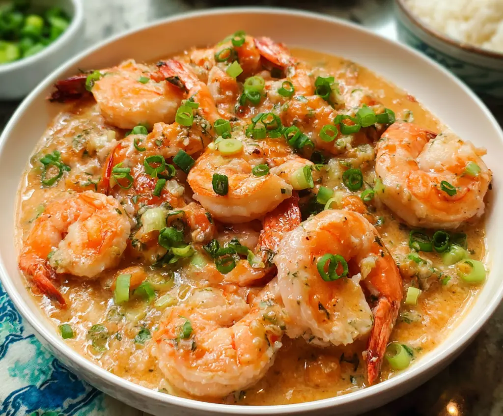 Delicious shrimp with creamy lobster sauce served on a white plate