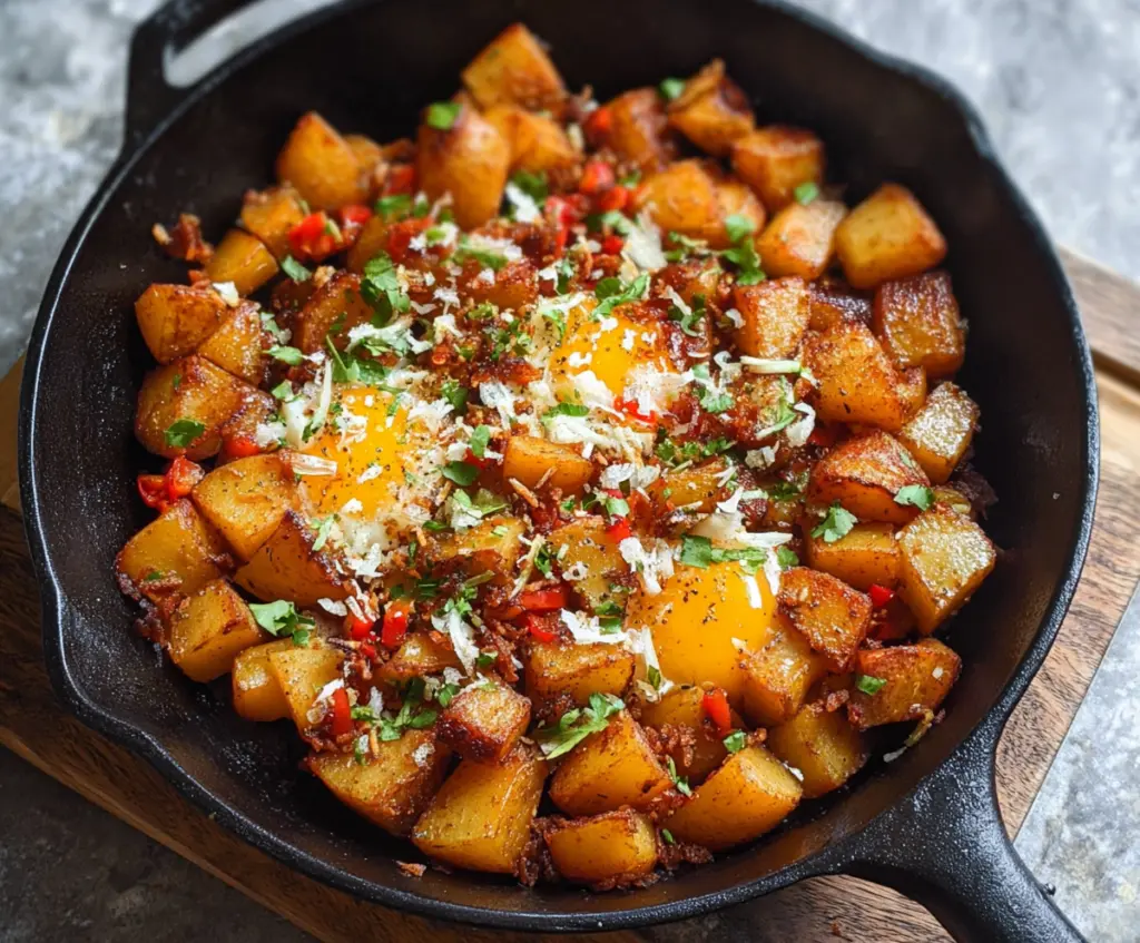 Crispy skillet breakfast potatoes with herbs and seasonings on a rustic plate