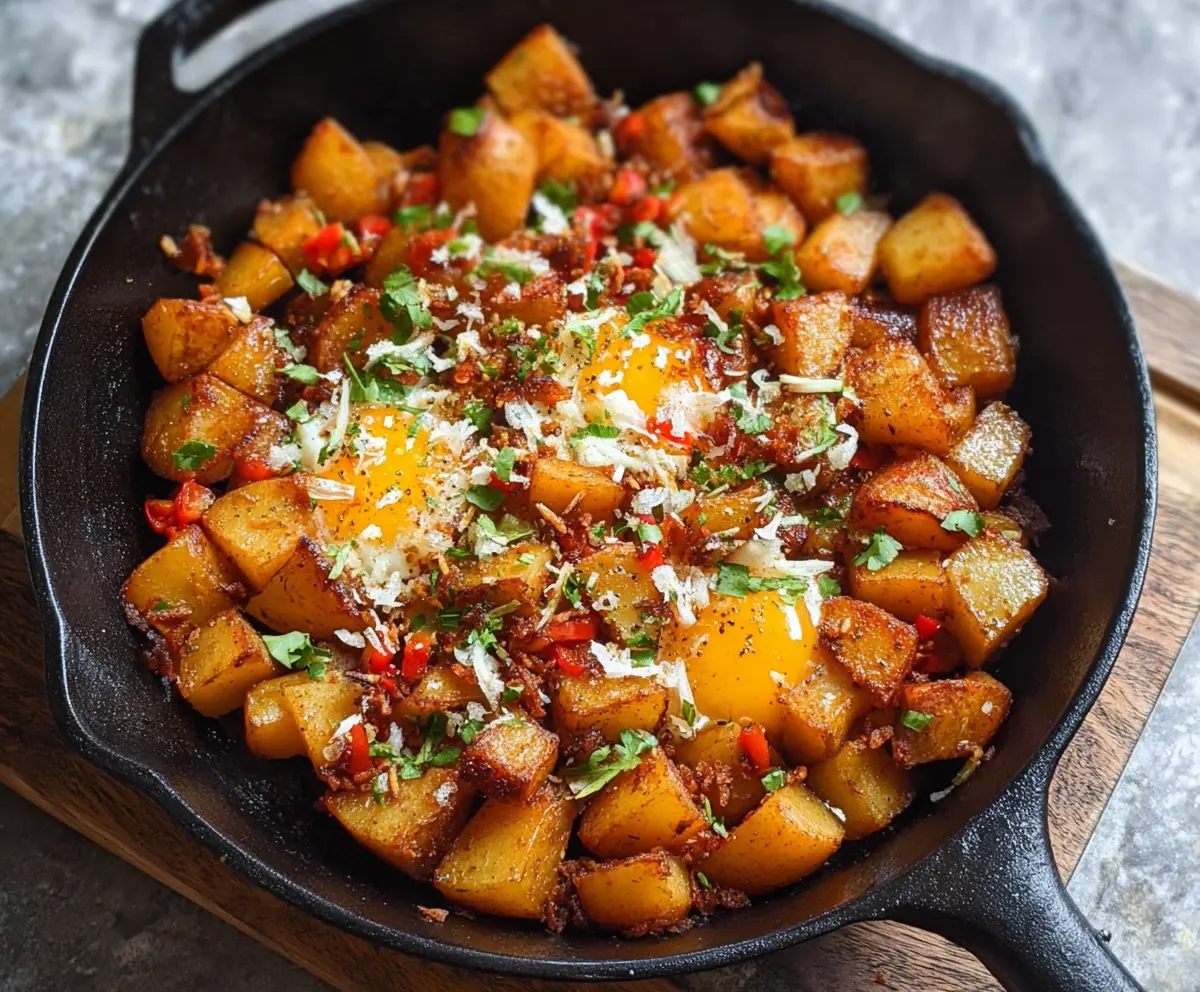 Crispy skillet breakfast potatoes with herbs and seasonings on a rustic plate