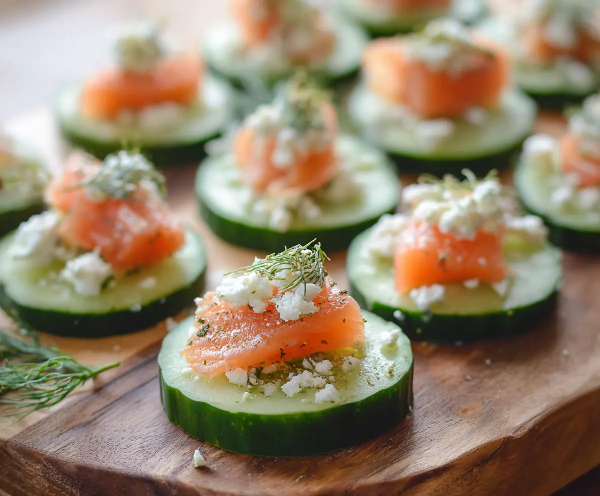 Delicious smoked salmon cucumber bites garnished with fresh herbs, perfect for appetizers or parties.