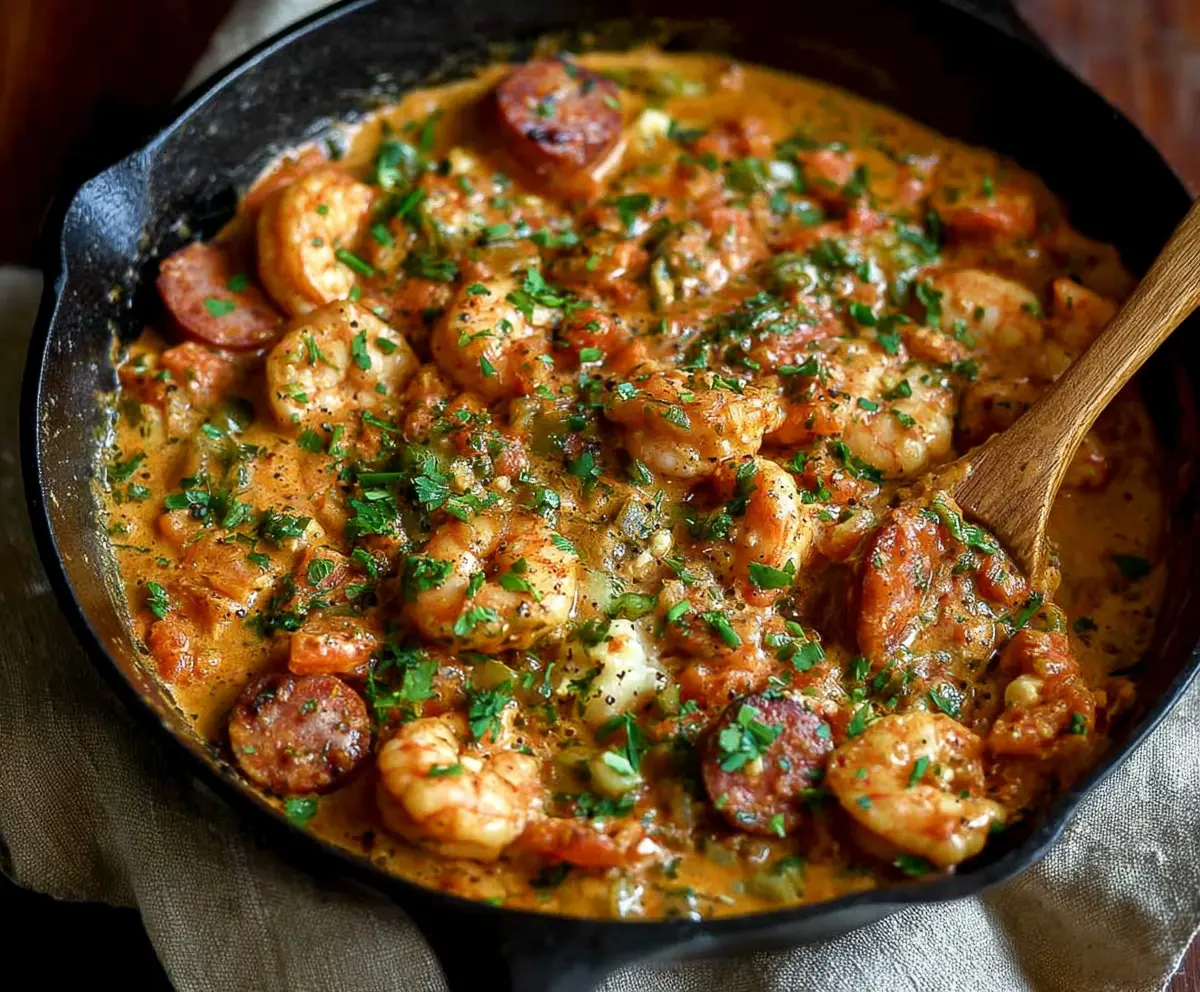 Delicious smothered shrimp and sausage dish served with flavorful herbs and spices
