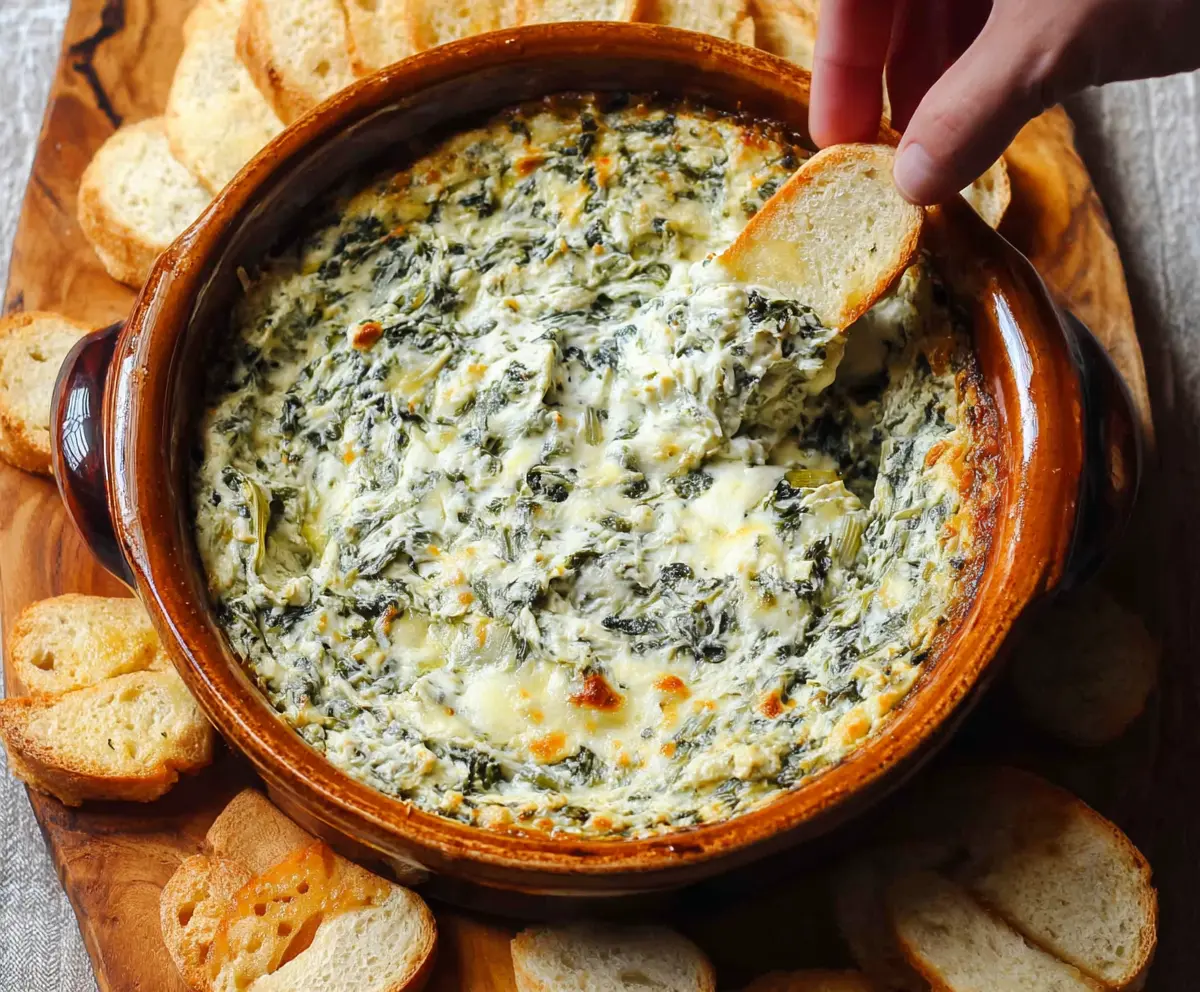Creamy spinach artichoke dip served with tortilla chips, perfect for appetizers and parties