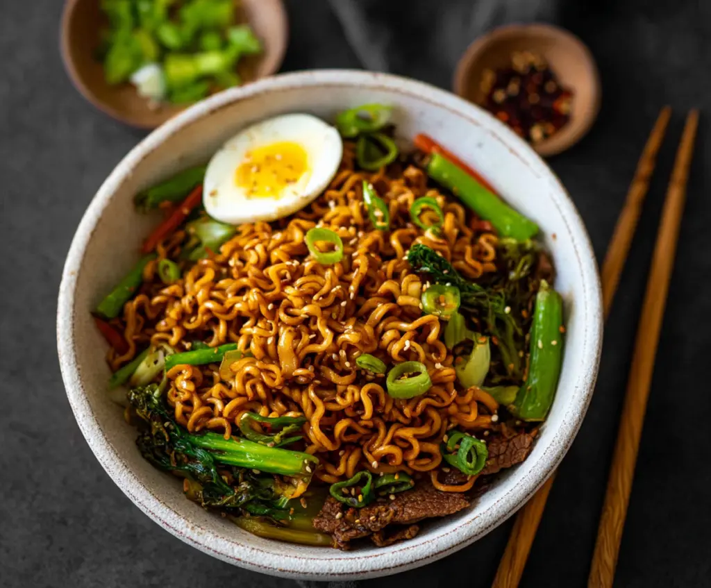 Delicious stir fry ramen noodles with colorful vegetables and savory sauce