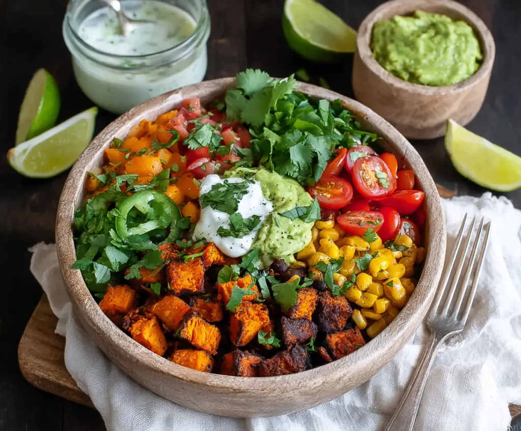 Colorful sweet potato taco bowls topped with fresh vegetables and herbs, ready for a healthy meal.