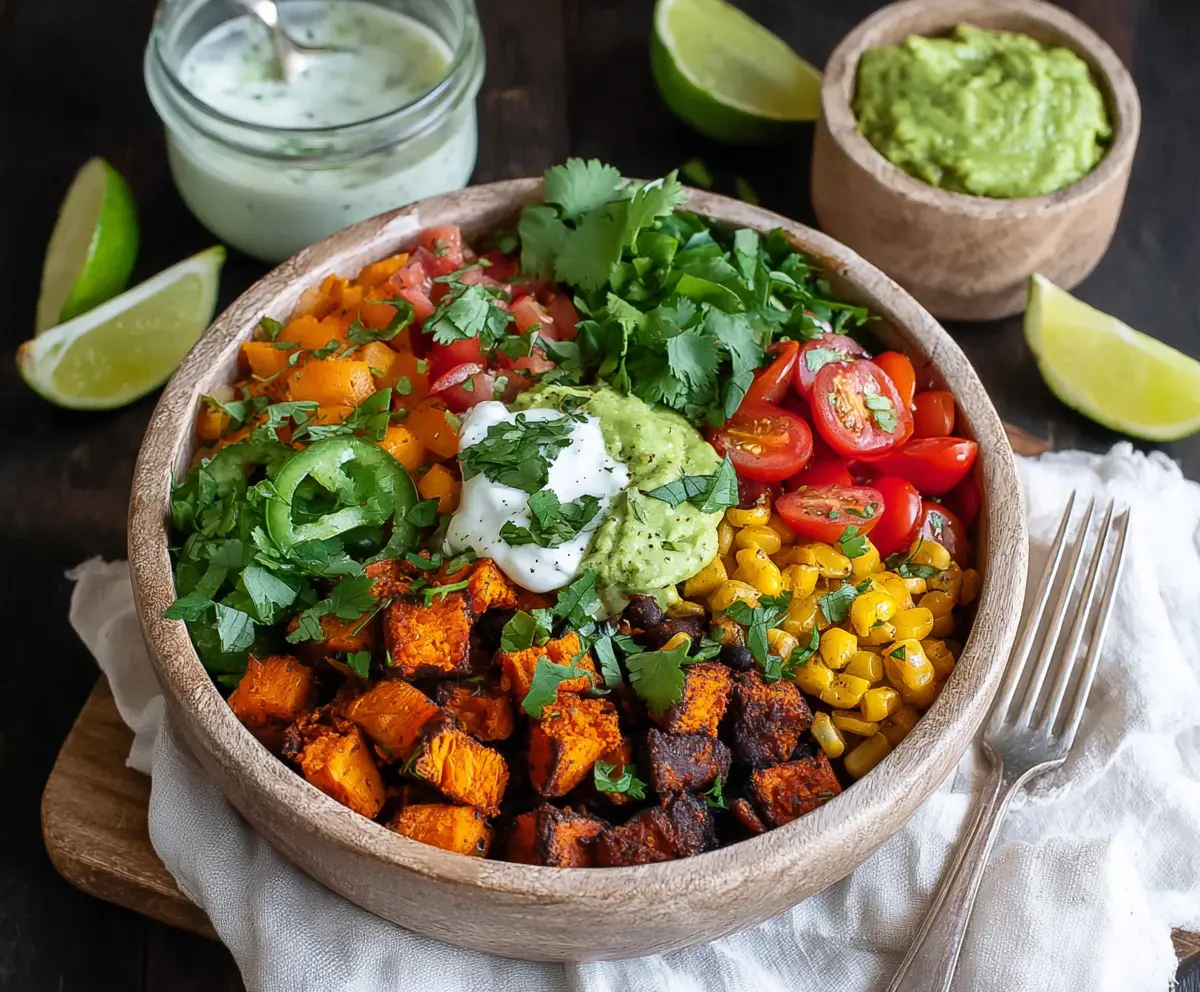 Colorful sweet potato taco bowls topped with fresh vegetables and herbs, ready for a healthy meal.