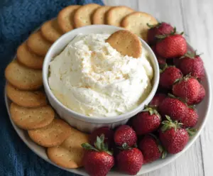 Creamy 3 ingredient cheesecake dip with graham cracker crumbs and strawberry topping