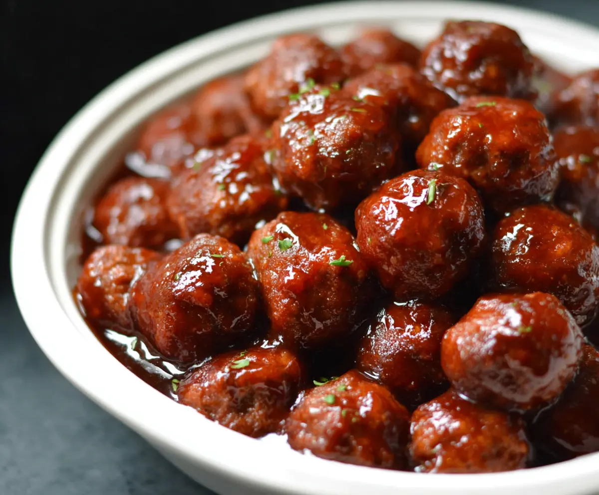 Savory Crockpot BBQ Meatballs made with 3 simple ingredients in a slow cooker